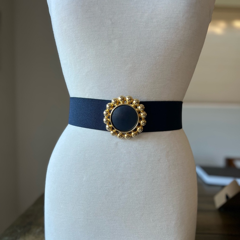 Vintage 1980s Dark Navy Blue Stretch Belt – Gold Buckle - Picture 5 of 7